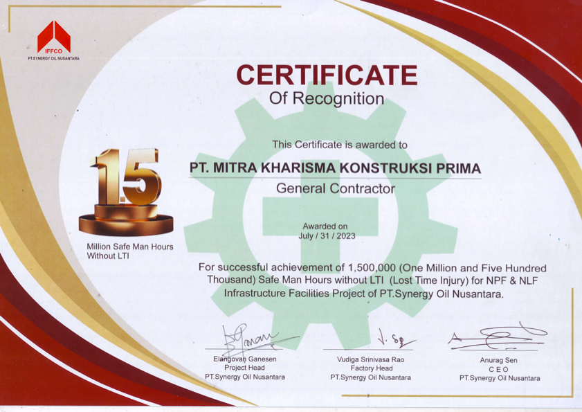 Certificate of recognition for safety awarded to PT. Mitra Kharisma Konstruksi Prima as a General Contractor for the safety achievement