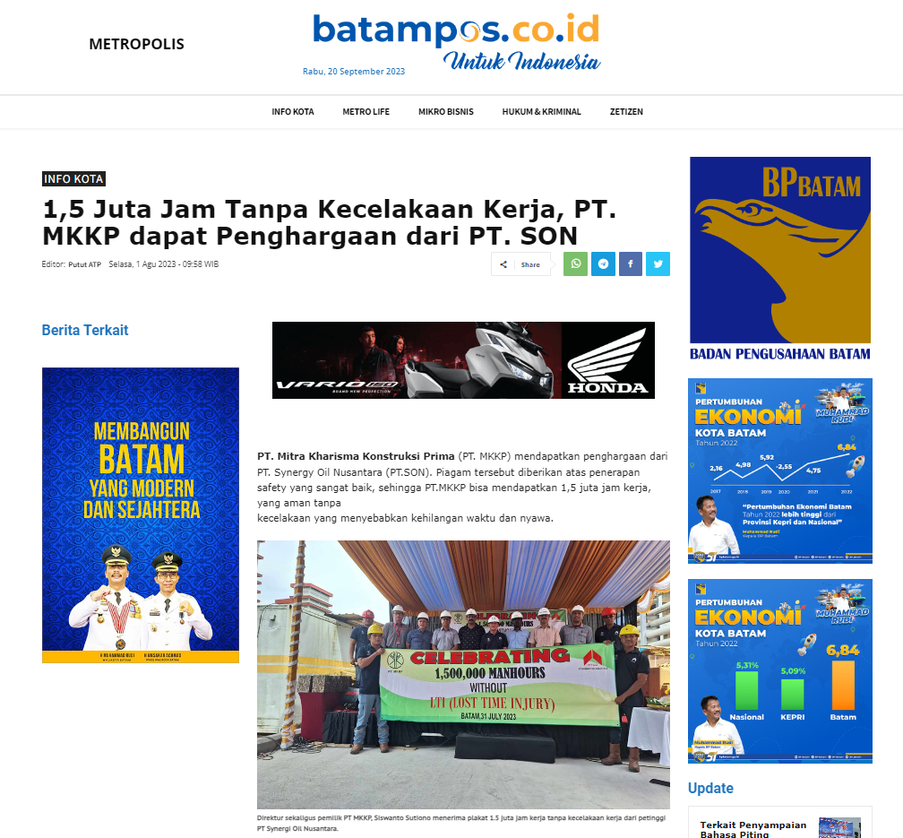 News of safety awards 1.5 million manhours without Lost Time Injury achieved by PT. Mitra Kharisma Konstruksi Prima on batampos.co.id